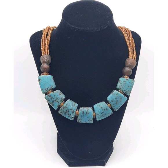 Chunky Bohemian Turquoise Amber Resin Square Beaded Statement Necklace 22" XLNT - Picture 1 of 5